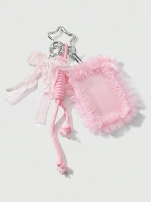 ROMWE Kawaii 1pc INS Korean Style Handmade Beaded White Faux Pearl & Pink Crystal Lace Bow Card/ID Badge Holder With Adjustable Lanyard Rope, Keychain Bag Charm, Suitable For Office Workers, Students, Daily Wear, Holiday Gift