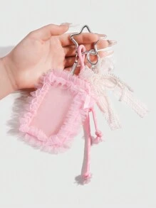 ROMWE Kawaii 1pc INS Korean Style Handmade Beaded White Faux Pearl & Pink Crystal Lace Bow Card/ID Badge Holder With Adjustable Lanyard Rope, Keychain Bag Charm, Suitable For Office Workers, Students, Daily Wear, Holiday Gift