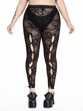 Goth Back To School  Plus Size Women Gothic Butterfly Lace Hollow Design Leggings, Can Be Paired With Skirt