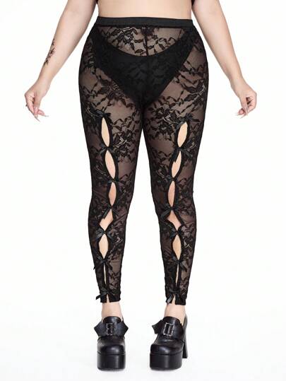 Back To School  Plus Size Women Gothic Butterfly Lace Hollow Design Leggings, Can Be Paired With Skirt