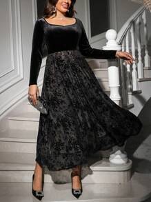 SHEIN Clasi Váy dài thêu hoa thanh lịch cỡ lớn cho nữ, màu đen, mùa đông - màu đen - Xem 5