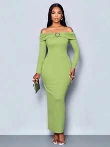SOLERSUN Winter Clothes For Women Autumn And Winter Elegant Green Long-Sleeved Off-Shoulder Metal Decorated Bodycon Dress Party Dress