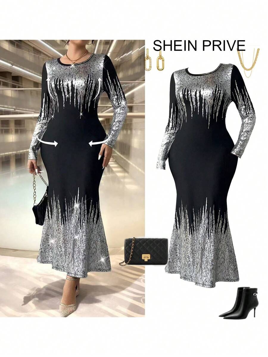 SHEIN Unity Gold Foil Edge Fitted Mermaid Long Sleeve Dress Maxi Women Outfit - Black - View 1