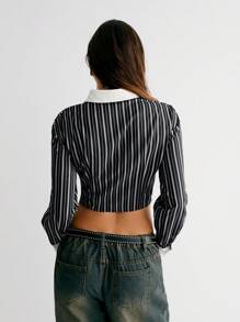 Flirla Vrouwen effen kleur knoop voorkant lange mouw casual blouse voor dagelijks gebruik