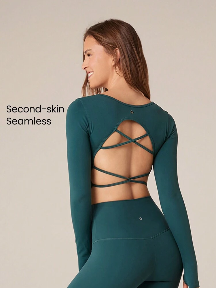 Seamless Fitted Long Sleeve Crop Tee With Lace-Up Back Light Support Low Impact Yoga Pilates Daily