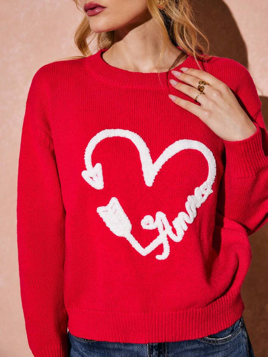 Poéselle Women's Letter & Heart Pattern Round Neck Long Sleeve Casual Sweater, Red Women Sweater Valentine's Day Outfits Autumn/Winter