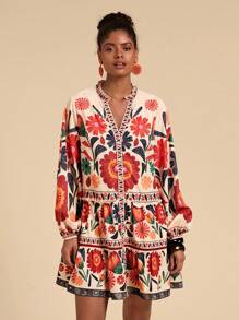 Travachic Printed Loose Smock Dress, Long Sleeve,Mexican Women Dresses,Vacation Casual Dress,Summer Dresses For Women