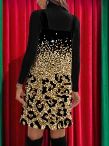 SHEIN LUNE Women Casual Simple Style Mini Dress With Glitter Leopard Print, Suitable For Autumn/Winter