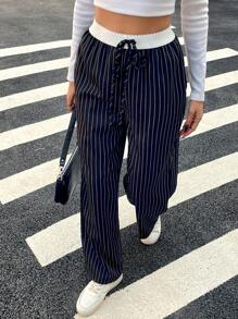 SHEIN ChicEase Women's Straight-Leg Relaxed Fit Casual Striped Pants With Pockets