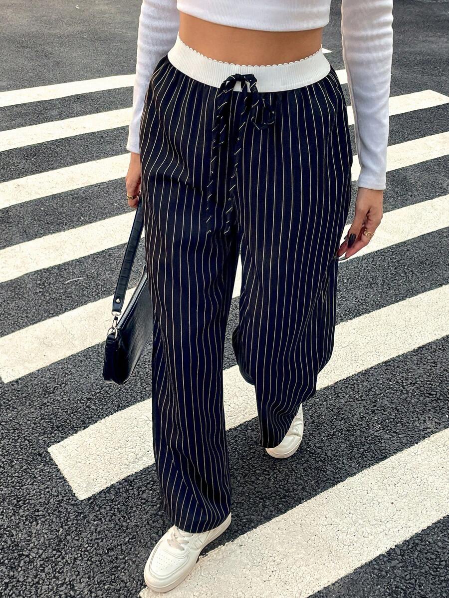 SHEIN ChicEase Women's Straight-Leg Relaxed Fit Casual Striped Pants With Pockets