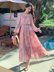 DAZY Women Elegant Floral Chiffon Mid-Length Dress, Spring/Summer Vacation Outfits Women Boho - Pink - View 9