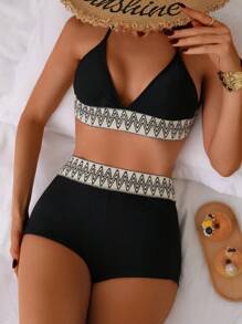 Swim SPRTY Summer Beach Geo Tape Halter Triangle Shorts Bikini - Black - View 6