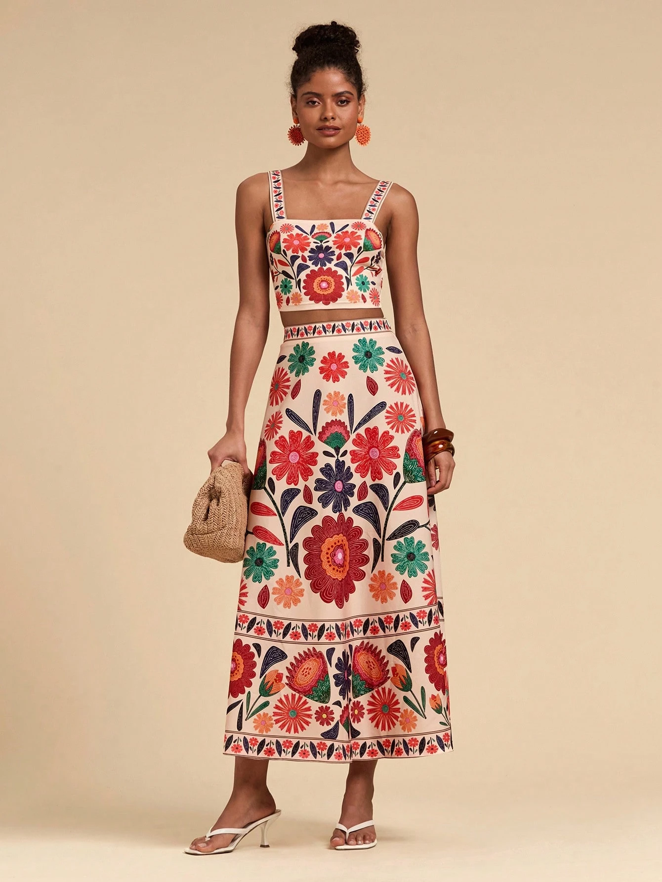 Travachic 2 Peças/Conjunto Mulher Top Cropped e Saia de Cintura Alta Impressos, Conjunto para Férias - Bege - Visão 3