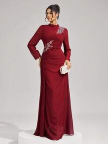 Coutiva 舞会礼服，优雅珍珠袖口长袖优雅正式长袖新年礼服，晚间伴娘礼服，婚礼宾客礼服，派对礼服 - 酒紅色 - 查看 3