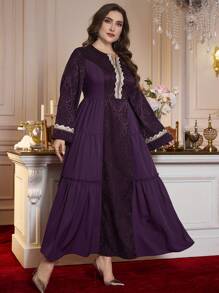 Al Najma Vestido acampanado de satén jacquard de cuello redondo y manga acampanada, corte ajustado, talla grande para mujer