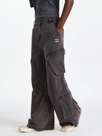 NEON BLANC Pantalon long large de mode de rue pour hommes avec poches 3D