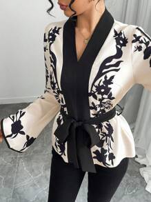 Chiquease 女式纯色拼接长袖前系带休闲优雅衬衫 - 杏色 - 查看 5