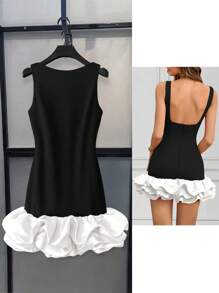 INAWLY Women's Colorblock Round Neck Sleeveless Ruffle Hem Short Casual Black And White Dress - Black and White - View 3
