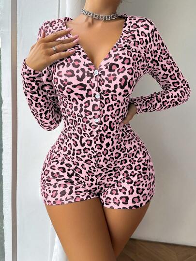 Women Leopard Print Long Sleeve Button Front Jumpsuit Sleepwear, Fall  Cozy And Elegant Details