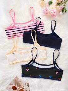 SHEIN 4pcs/Set Tween Girls Striped & Heart Pattern Comfort Breathable Cute Casual Childrenswear Underwear Sets