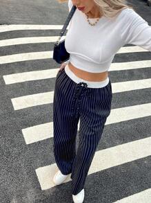 SHEIN ChicEase Women's Straight-Leg Relaxed Fit Casual Striped Pants With Pockets