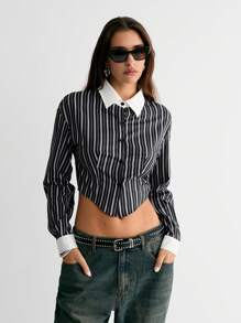 Flirla Vrouwen effen kleur knoop voorkant lange mouw casual blouse voor dagelijks gebruik