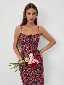 Chiquease Valentine's Day Rose Print Fitted Camisole Dress - Red - View 4
