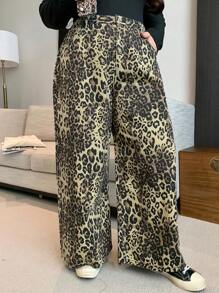 Dazy Plus Plus Size Relaxed Fit Distressed Washed Long Flare Leg Jeans, Suitable For All Seasons Cheetah Print