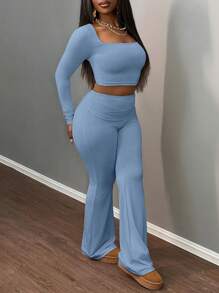 Slaydiva Casual All-Match Solid Color Collared Short Jacket And High Waisted Long Pants Set, Versatile Autumn/Winter