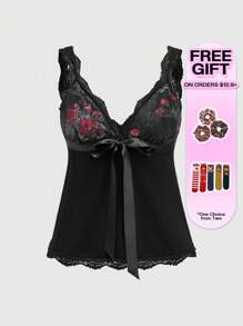 ROMWE Fairycore Women's Lace Rose Pattern Bow Tie Front Camisole Top - Black - View 5