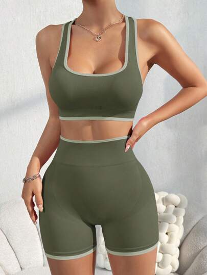 Gameset SHEIN Sport Tank Top And Shorts Set, Solid Color Minimalist Casual Everyday Wear Workout Women Setwomen Workout Set
