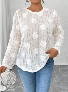Calvaya Plus Size 3D Embroidered Rose/Flower Decor Blouse, Suitable For Valentine's Day Fall Cloth For Women