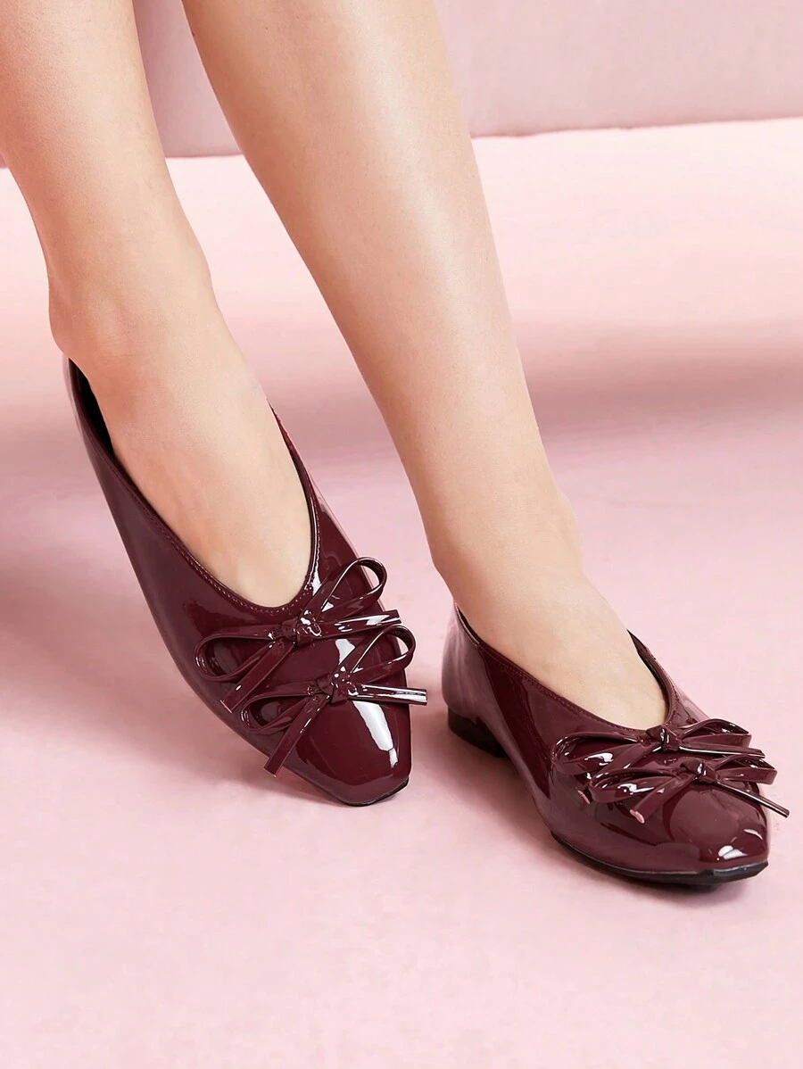 CUCCOO DOLLMOD WOMEN FLAT SMALL SQUARE TOE BOWKNOT DECOR MIRROR BURGUNDY VINTAGE STYLE MARY JANE SHOES Valentines - Burgundy - View 1