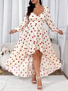 Flirla 公主逃亡者甜美童话生日礼服，泡泡袖合身腰部荷叶边连衣裙，带拖尾的海滩礼服，带有情人节、玫瑰、心形、波尔卡圆点、爱、嘴唇、丘比特、189D 花卉图案 - 彩色 - 查看 7