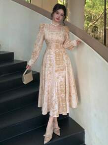 DAZY 女式方领蕾丝拼接泡泡袖碎花中长连衣裙，秋季长袖连衣裙，复活节 - 杏色 - 查看 7