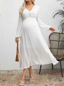 SHEIN Maternity Floral Print Puff Sleeve Pocket Decor Loose Dress, Suitable For Autumn - White - View 3