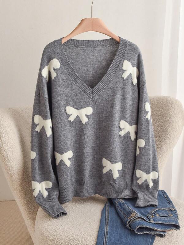 CosyJoli Jersey de escote en V con lazo decorativo, minimalista y de moda para uso diario casual en tallas grandes