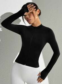 Easithlete Women's Solid Color Fitted Long Sleeve Stand Collar Sports Jacket - Black - View 7