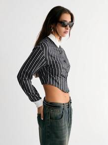 Flirla Vrouwen effen kleur knoop voorkant lange mouw casual blouse voor dagelijks gebruik