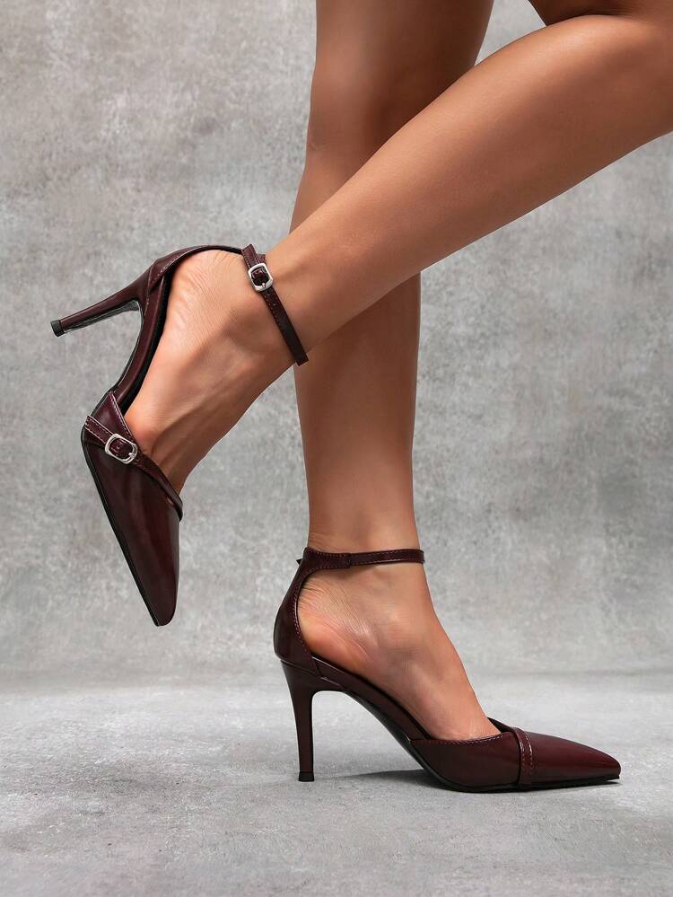 CUCCOO SZL Women's Pointed Toe Stiletto Heel Burgundy Anklet Sandals, Sexy Minimalist Vacation Style Valentine's Day