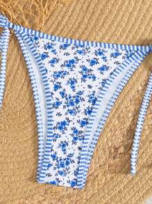 女士 2 件套系带吊带比基尼泳装套装，带抽绳下装，性感分体泳装，适合海滩、度假、泳池派对，清新碎花蓝白设计夏季 - 黑色 - 查看 3