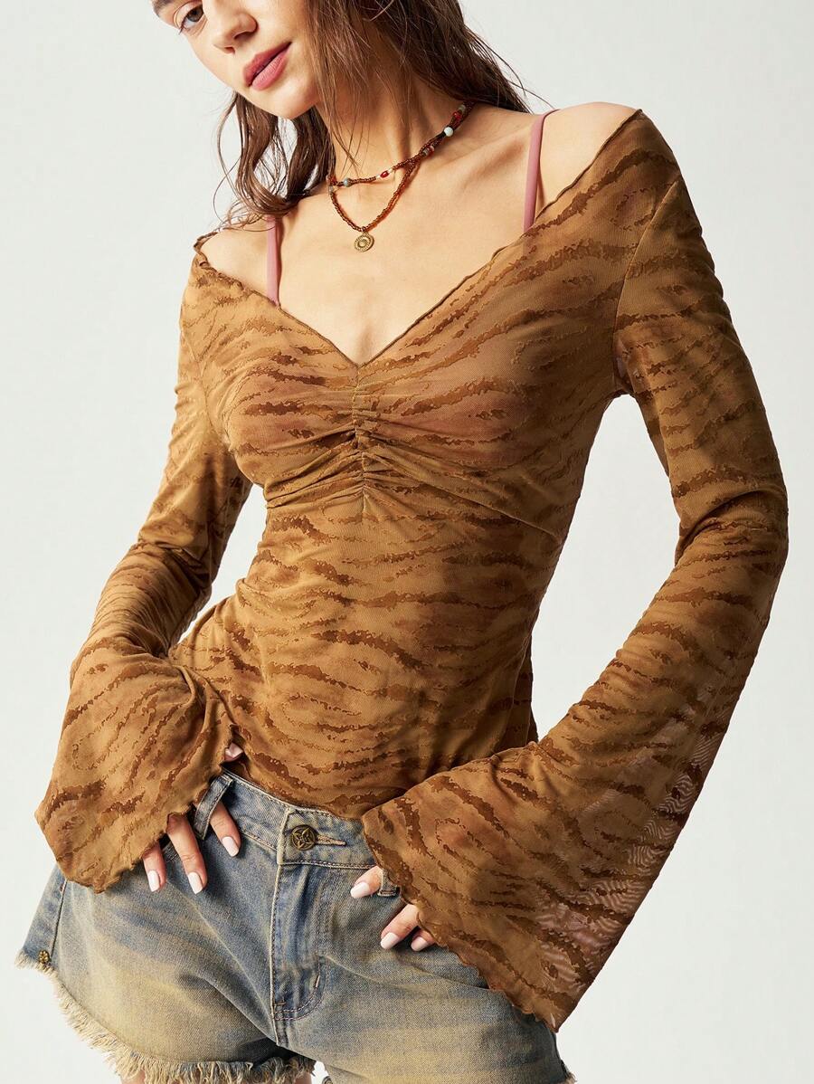 Bohemela BOHO Hippie Women's Figure-Hugging T-Shirt With Chest Ruching And Flared Sleeves - Mocha Brown - View 1