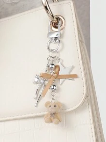 ROMWE Kawaii 1 件韩式精致时尚优质银链水钻蝴蝶结星形绒毛泰迪熊吊坠钥匙扣，适合女性、日常佩戴和节日礼物 - 卡其色 - 查看 6