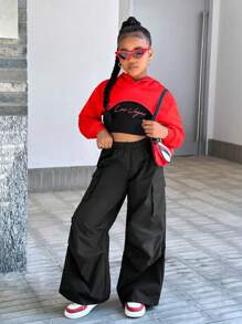 SHEIN Conjunto de 3 piezas para niñas preadolescentes: Sudadera con capucha básica informal de punto, chaleco con tirantes ajustables y pantalones fruncidos