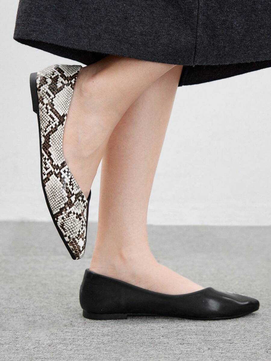 CUCCOO BIZCHIC Women's Asymmetric Snake Print Pointed Toe Flats, Simple Casual Comfortable Soft Black Synthetic Leather Office Loafers - Black - View 1