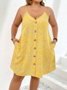 SHEIN CURVE+ Plus Size Women's Spring/Summer Yellow Ditsy Floral Spaghetti Strap Button Decor Casual Dress Boho Vacation,Beach Dress Sundress,Holiday Outfits