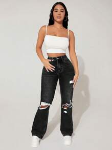 SHEIN PETITE Jeans térmicos con pierna recta desgastados, vaqueros de tela gruesa para el otoño y el invierno