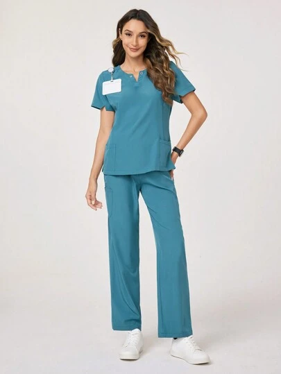 TaskEZ 纯色短袖和裤子手术服套装，女式 V 领短袖双口袋工作手术服上衣和松紧腰带直筒裤下装，健康检查手术服女式纯色上衣领子带纽扣方便穿脱，下装松紧腰带方便穿脱，功能性女装可以在圣诞节穿着，功能性女装可以在圣诞节、新年和情人节穿着，冬春女装