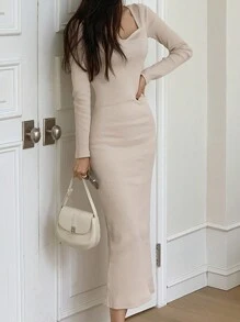 DAZY Váy midi cổ vuông ôm sát màu trơn cho nữ, thời trang xuân hè thu, váy dài tay cho nữ mùa thu - Màu be - Xem 4