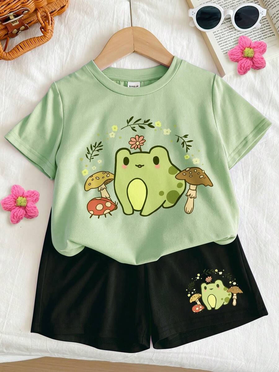 SHEIN Leap Crew Bộ 2 áo thun tay ngắn tối giản thường ngày và quần short cho bé gái tuổi teen, dành cho mùa hè - màu xanh lá - Xem 1